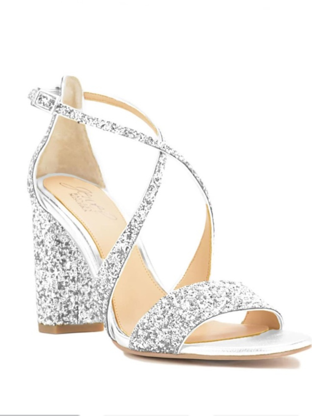 Jewel Badgley Mischka Cook Silver Glitter Block Heel Sandals NIB SZ 7.5